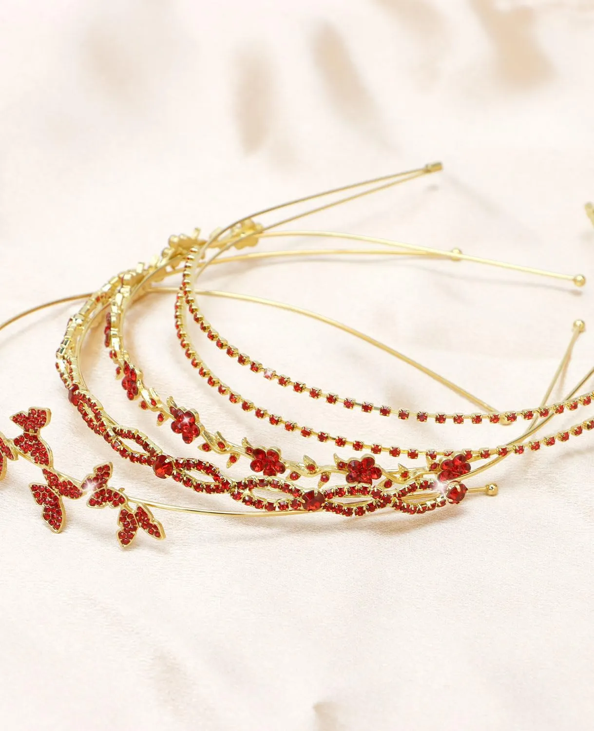 Wecoe Headband 4 Pack - Red Rhinestone Flower Girl Bridal Wedding Headband Crystal Headpiece Flower Leaf Butterfly Metal Headband for Women Girls Gifts