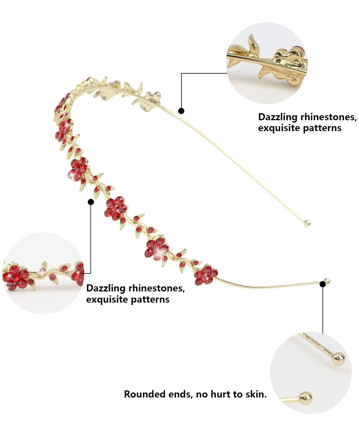 Wecoe Headband 4 Pack - Red Rhinestone Flower Girl Bridal Wedding Headband Crystal Headpiece Flower Leaf Butterfly Metal Headband for Women Girls Gifts