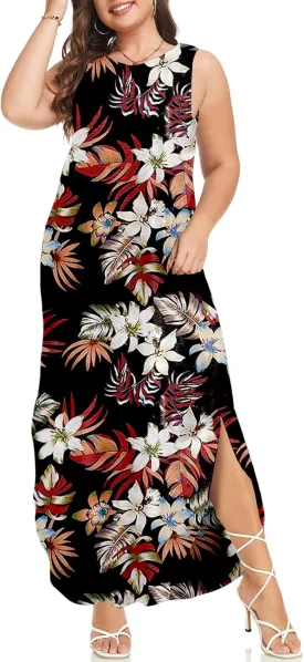 Wolddress Womens 2025 Plus Size Sleeveless Tank Dress Casual Loose Sundress Split Summer Beach Long Maxi Dresses with Pockets