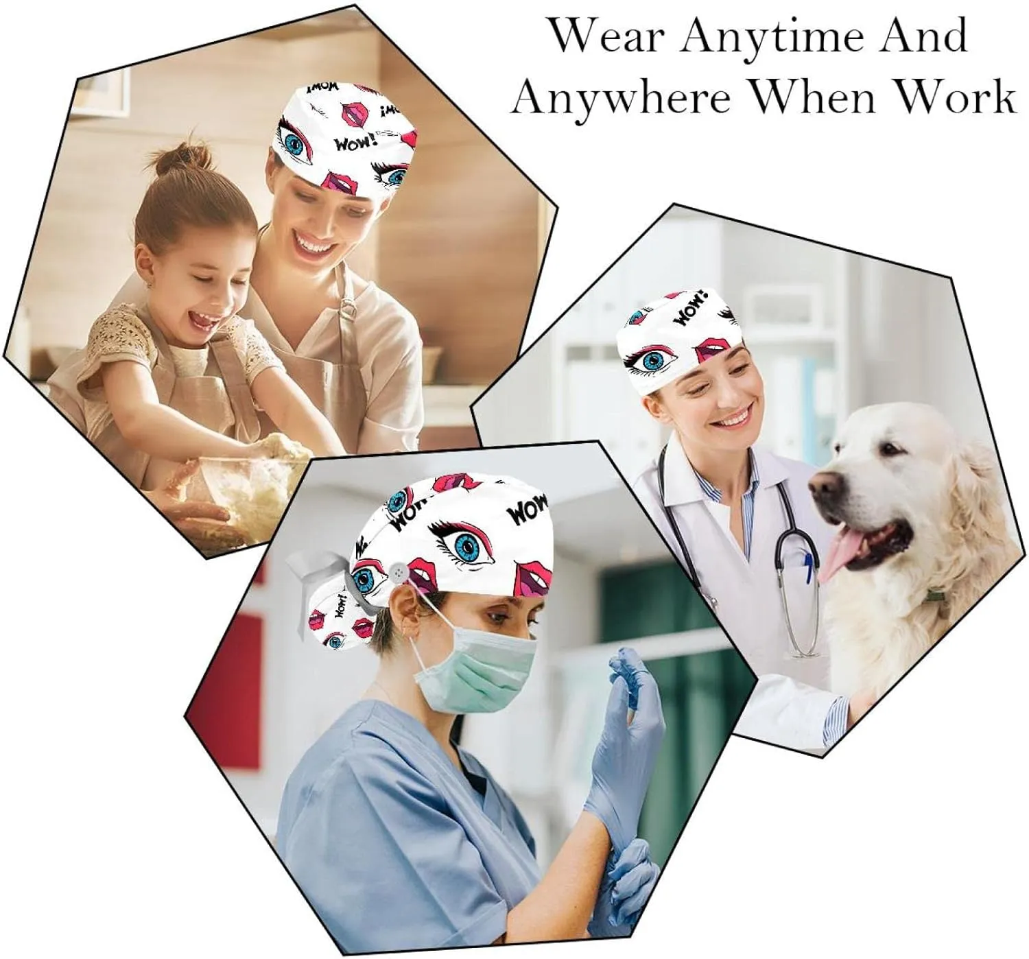 Women's Working Caps Bouffant Surgical Cap with Bow Scrunchies Little Daisy Art Paint Ponytail Holder Tie Back Scrub Hat