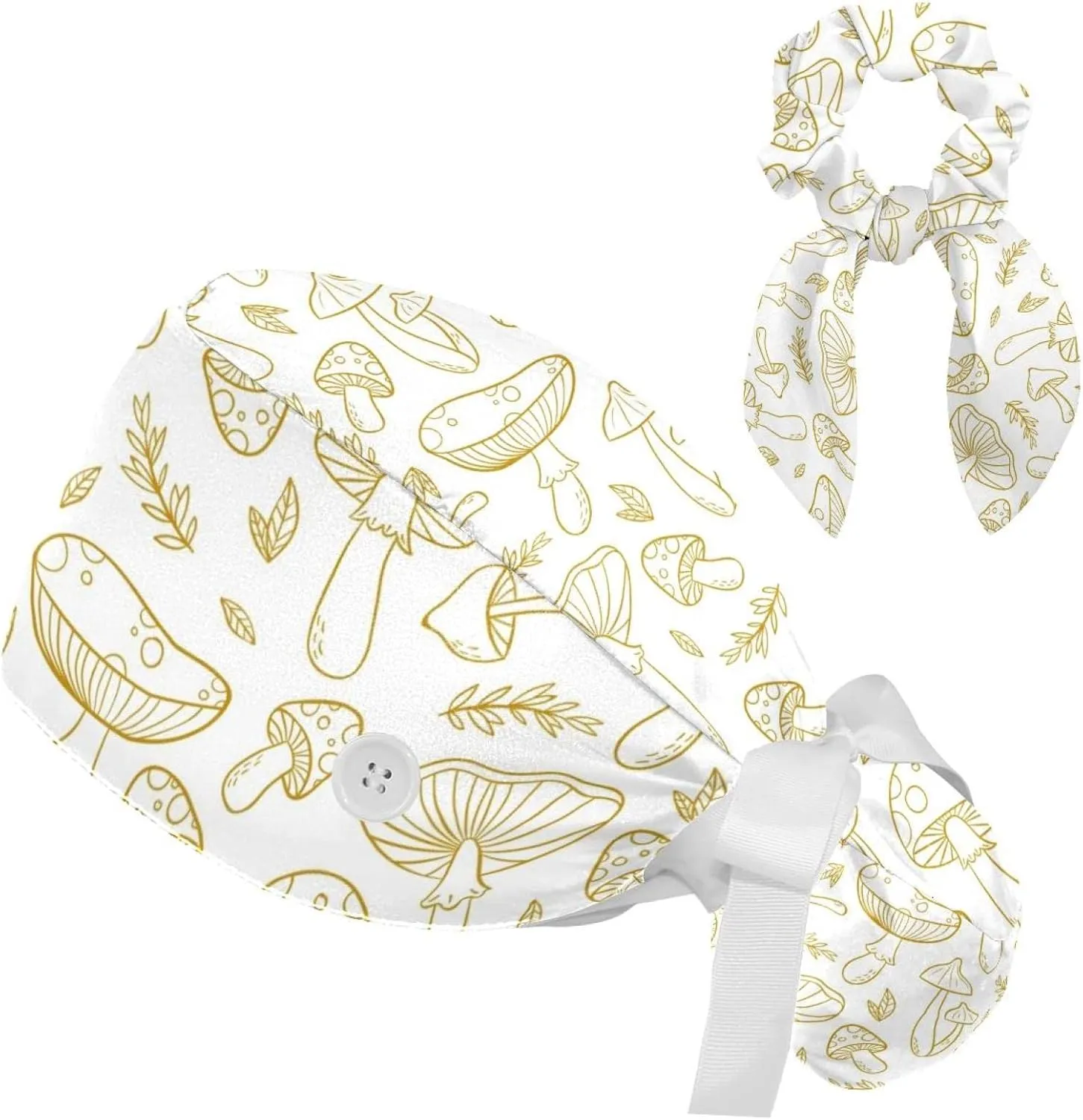 Women's Working Caps Bouffant Surgical Cap with Bow Scrunchies Little Daisy Art Paint Ponytail Holder Tie Back Scrub Hat