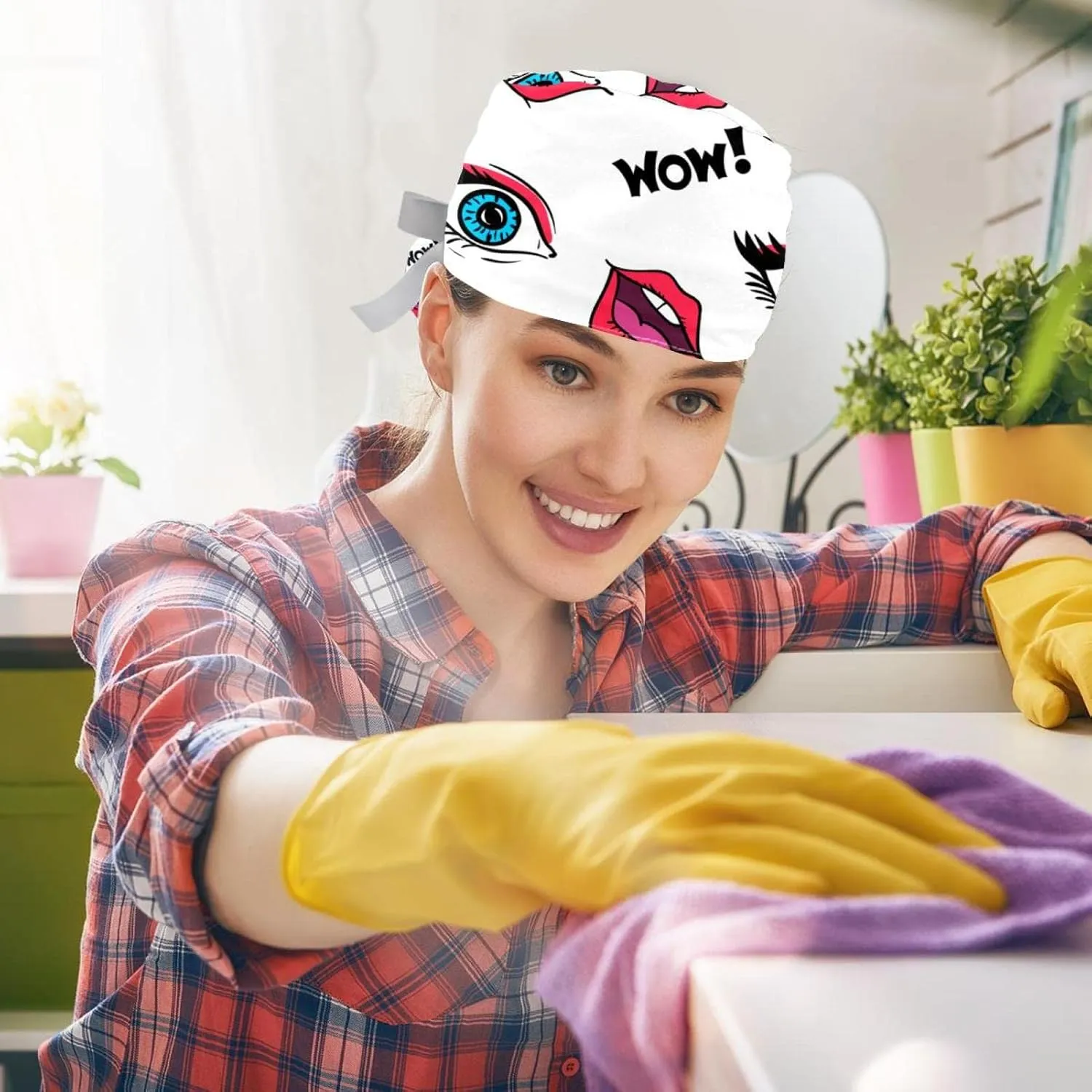 Women's Working Caps Bouffant Surgical Cap with Bow Scrunchies Little Daisy Art Paint Ponytail Holder Tie Back Scrub Hat