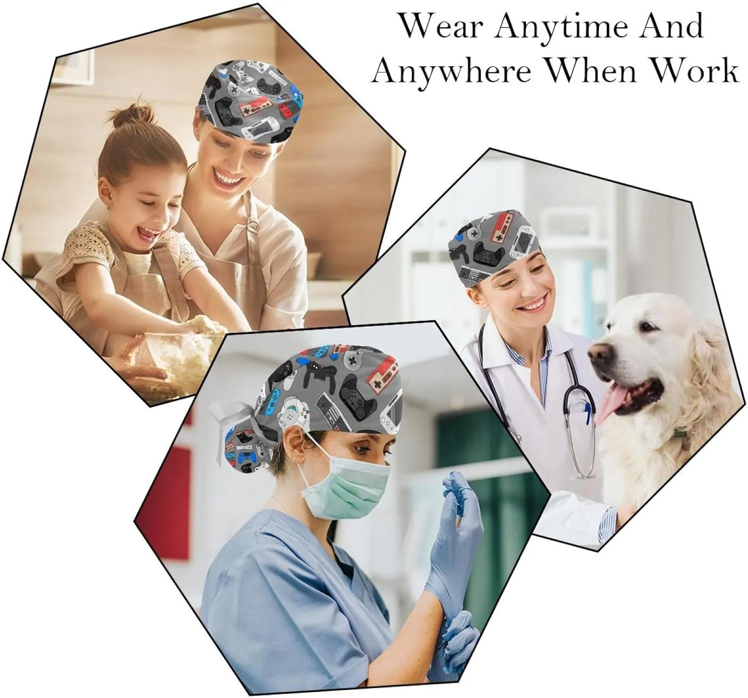 Women's Working Caps Bouffant Surgical Cap with Bow Scrunchies Little Daisy Art Paint Ponytail Holder Tie Back Scrub Hat