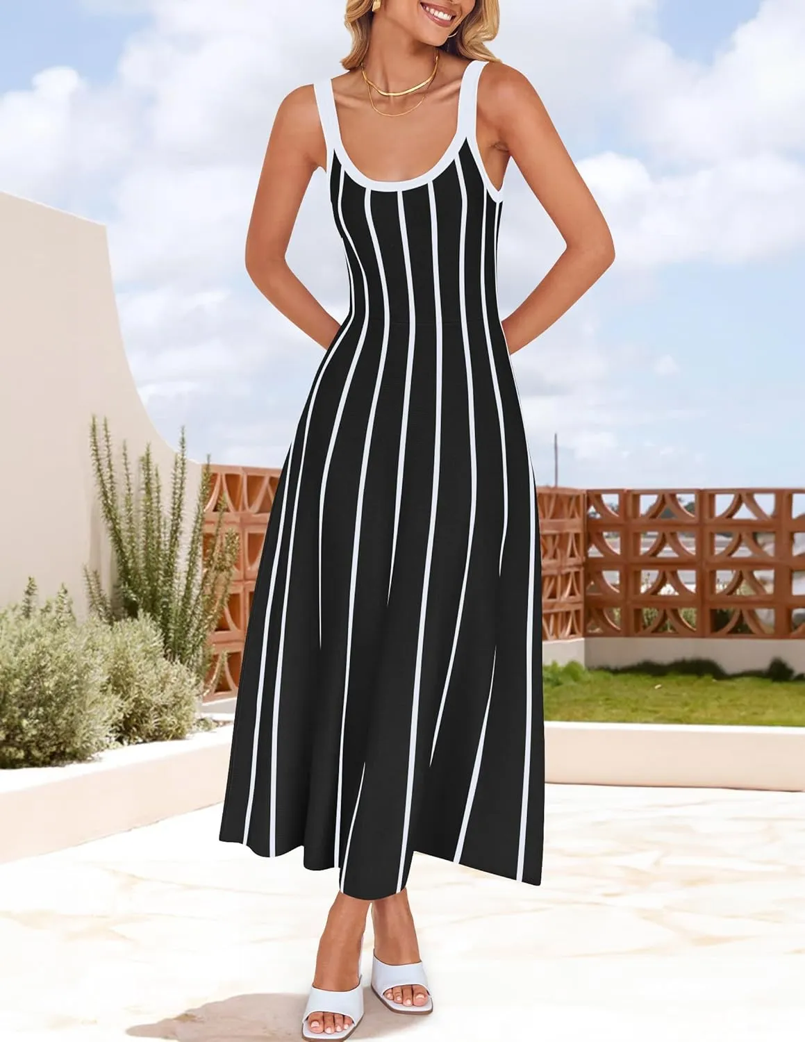 ZESICA Womens 2025 Summer Sleeveless Striped Midi Dresses Casual A Line Swing Knit Long Dress Beach Vacation Clothes