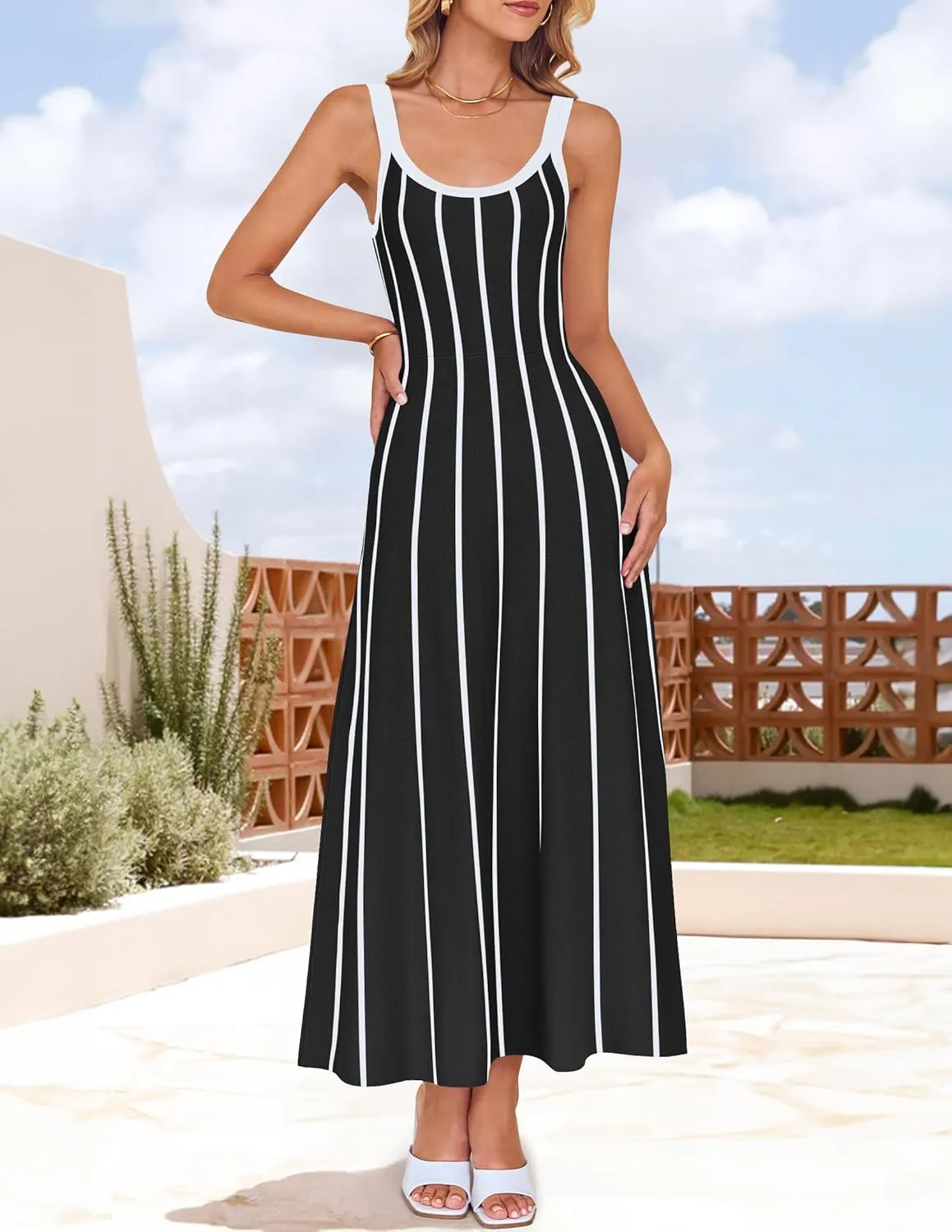 ZESICA Womens 2025 Summer Sleeveless Striped Midi Dresses Casual A Line Swing Knit Long Dress Beach Vacation Clothes